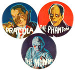 “FAMOUS MONSTERS BUTTONS” LARGE SIZE TRIO WITH RARE DRACULA BUTTON.