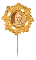 "R.B. HAYES" CARDBOARD PHOTO WITH ORNATE BRASS FRAME STICKPIN.