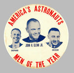 RARE 1962 BUTTON SHOWS USA'S FIRST THREE ASTRONAUTS IN SPACE.