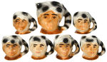 DAVY CROCKETT GLAZED CERAMIC FIGURAL PITCHER AND SIX MUGS.