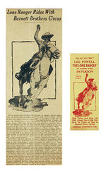 LEE POWELL AS THE LONE RANGER/BARNETT BROS. CIRCUS POSTER, TICKET, NEWS ARTICLE.