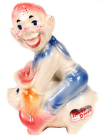 "HOWDY DOODY BANK" GLAZED POTTERY W/ORIGINAL FOIL STICKER.