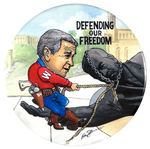 BUSH "DEFENDING OUR FREEDOM" 2004 CAMPAIGN 4" CARTOON BUTTON BY BRIAN CAMPBELL.