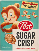 POST "SUGAR CRISP" UNOPENED CEREAL BOX WITH "MIGHTY MOUSE TV GAME" OFFER.