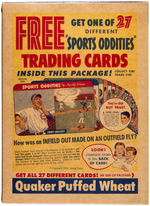 QUAKER "PUFFED WHEAT" UNOPENED CEREAL BOX WITH "SPORTS ODDITIES TRADING CARD" OFFER.