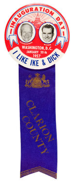 EISENHOWER "INAUGURATION DAY" JUGATE FROM 1957 WITH "CLARION COUNTY" RIBBON.