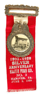 HANOVER PA LADDER TRUCK AND ENGINE REAL PHOTO ON RIBBON BADGE.