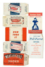 FIVE CRACKER JACK CARDBOARD WHISTLES PLUS TWO SHOE WHISTLES.