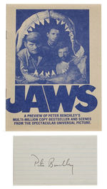 “JAWS” PREVIEW BOOKLET AND PETER BENCHLEY SIGNED CARD.