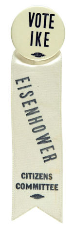 "VOTE IKE" UNCOMMON SLOGAN BUTTON COMPLETE WITH RIBBON.