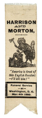 HARRISON 1888 RIBBON WITH RACCOON TAKING HATCHET TO NECK OF THE "ENGLISH ROOSTER."