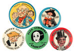 FIVE COLORFUL BUTTONS FOR CLASSIC COMIC CHARACTERS.