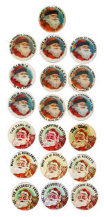 SANTA CLAUS BUTTON COLLECTION OF TWO DESIGNS AND 19 DIFFERENT IMPRINTS.