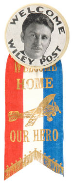 "WELCOME WILEY POST" PAPER STICKER ON BUTTON PLUS RIBBON.