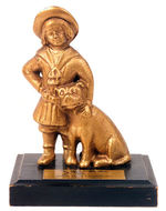 "BUSTER BROWN" CAST IRON BANK ON BASE WITH PLAQUE.