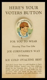 "JOE CORNTASSEL" VOTER'S PREMIUM BUTTON WITH RARE CARD.