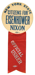 IKE NEW YORK EVENT 3.5" BUTTON WITH "OFFICIAL USHER" RIBBON.