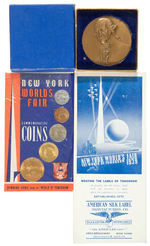 NYWF 1939 GEORGE WASHINGTON MEDAL/COMMEMORATIVE COIN SET/SILK RIBBON BOOKMARK LOT.