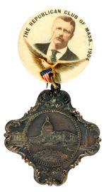 THEODORE ROOSEVELT RARE MASSACHUSETTS 1904 CLUB BUTTON WITH METAL SUSPENSION.