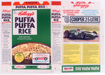 "KELLOGG'S PUFFA PUFFA RICE" CEREAL BOX FLAT W/"GRAND PRIX RACING."