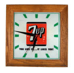 7UP WOOD FRAMED LIGHT-UP CLOCK.