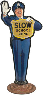 "DRINK COCA-COLA - SLOW SCHOOL ZONE" LARGE TWO-SIDED POLICEMAN CROSSING GUARD SIGN & BASE.