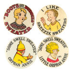 FOUR BEAUTIFUL BUTTONS PROMOTING SWEATERS ENDORSED BY BOOTS, SKEEZIX AND LITTLE ORPHAN ANNIE.