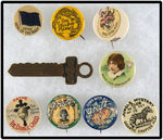 EARLY MOVIE SERIALS GROUP OF EIGHT BUTTONS PLUS BRASS KEY NOVELTY.