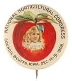 GRAPHIC MULTICOLOR BUTTON FOR 1908 "NATIONAL HORTICULTURAL CONGRESS."