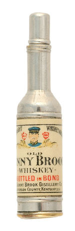 CELLO LABEL "SUNNYBROOK WHISKEY" BOTTLE WITH MINIATURE PENCIL AS STOPPER.