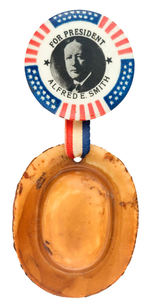 "FOR PRESIDENT ALFRED E. SMITH" CLASSIC 1.25" WITH ATTACHED 3-D DERBY HAT FIGURAL CELLULOID.