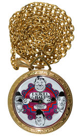 “LAUREL & HARDY” PENDANT WATCH ON CHAIN BY DIRTY TIME COMPANY.