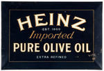 "HEINZ IMPORTED PURE OLIVE OIL" TIN OVER CARDBOARD SIGN.