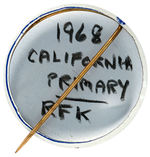 ROBERT KENNEDY CALIFORNIA PRIMARY BUTTON WITH HAND NOTATION BY MARSHALL LEVIN.