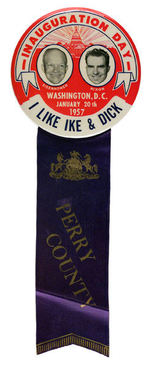 “EISENHOWER – NIXON INAUGURATION DAY” 1957 BUTTON W/ “PERRY COUNTY” RIBBON.