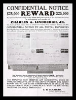 CHARLES A. LINDBERGH, JR. KILLER CONFIDENTIAL POSTAL EMPLOYEES REWARD POSTER.