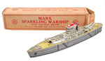 "USS WASHINGTON" MARX SPARKLING WARSHIP WITH FRICTION MOTOR BOXED.