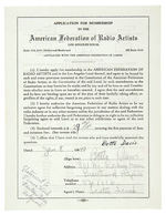 BETTE DAVIS SIGNED AMERICAN FEDERATION OF RADIO ARTISTS MEMBERSHIP APPLICATION.