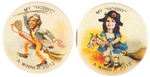 OBAMA AND PALIN BUTTON PAIR USING ART WORK FROM THE McKINLEY AND BRYAN HOBBY HORSE BUTTONS.