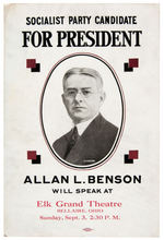 SOCIALIST PARTY 1916 BENSON FOR PRESIDENT CARDBOARD SIGN.