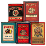 LOT OF FIVE SPICE CONTAINERS W/NATIVE AMERICAN GRAPHICS.