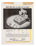 "TOPPS NOVEMBER 1948" RETAILER'S PRICE LIST FEATURING "HOCUS-FOCUS MAGIC PHOTO CARD" DISPLAY BOX.