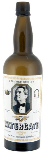 NIXON OUTSTANDING SATIRICAL "WATERGATE" LIQUOR BOTTLE WITH HUMOROUS LABELS.