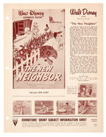 WALT DISNEY CARTOON "EXHIBITORS' SHORT SUBJECT INFORMATION SHEET" LOT.