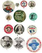 COWBOY AND COWGIRL GROUP OF 13 BUTTONS SPANNING 1930s-1970s.