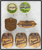 SPEED GIBSON PAIR OF BUTTONS AND FIVE BRASS BADGES.