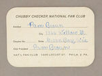 "CHUBBY CHECKER NATIONAL FAN CLUB" MEMBER'S CARD.