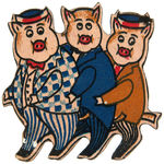 RARE THREE LITTLE PIGS LITHO TIN DIE CUT 1930s PIN.