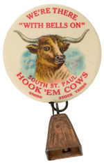 OUTSTANDING LONGHORN STEER STOCKYARD PROMOTION BUTTON WITH ATTACHED COPPER BELL TO DEMONSTRATE TEXT.