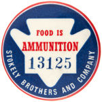 SERIALLY NUMBERED "FOOD IS AMMUNITION" WORLD WAR II BUTTON.